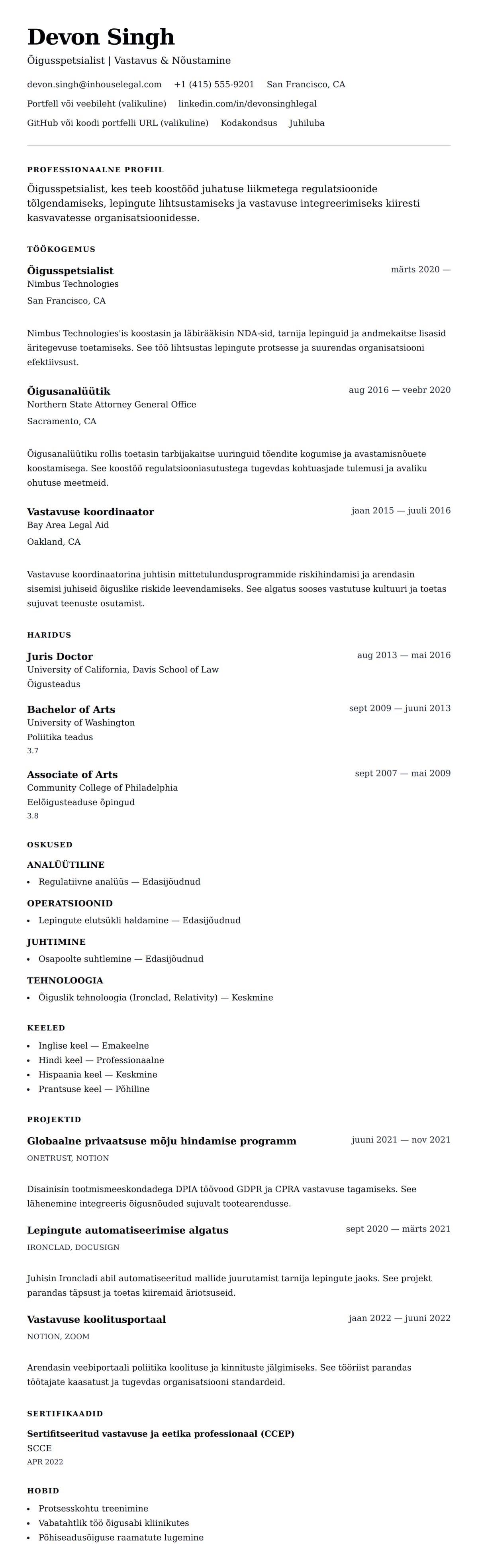 CV eelvaade Õigusspetsialisti CV näide jaoks