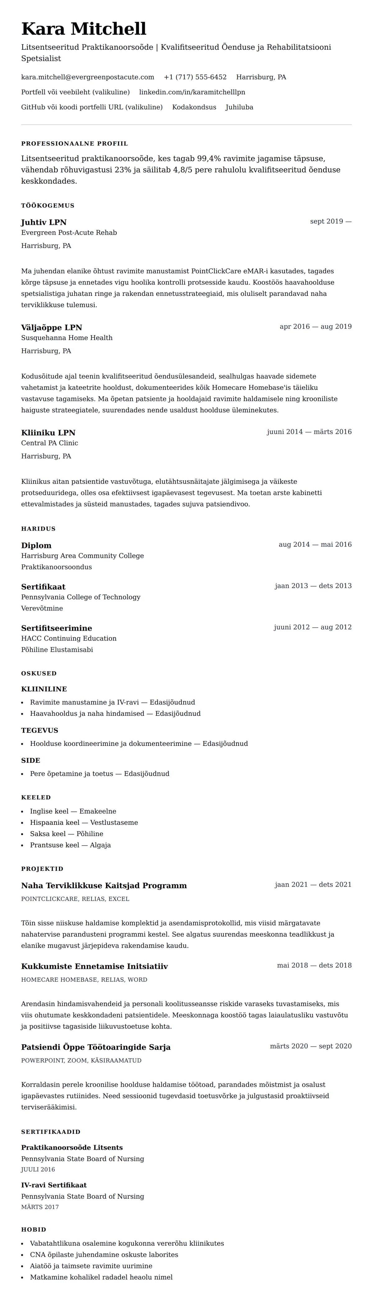 CV eelvaade Litsentseeritud Praktikanoorsoõde (LPN) CV Näide jaoks