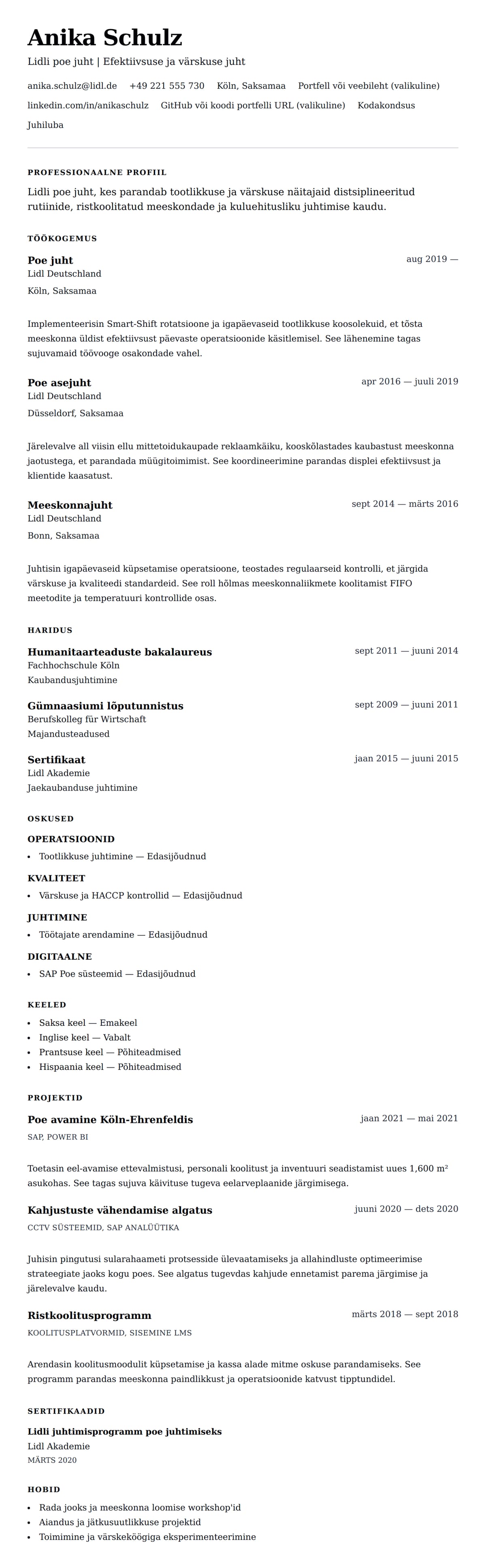 CV eelvaade Lidli poe juhi CV näide jaoks