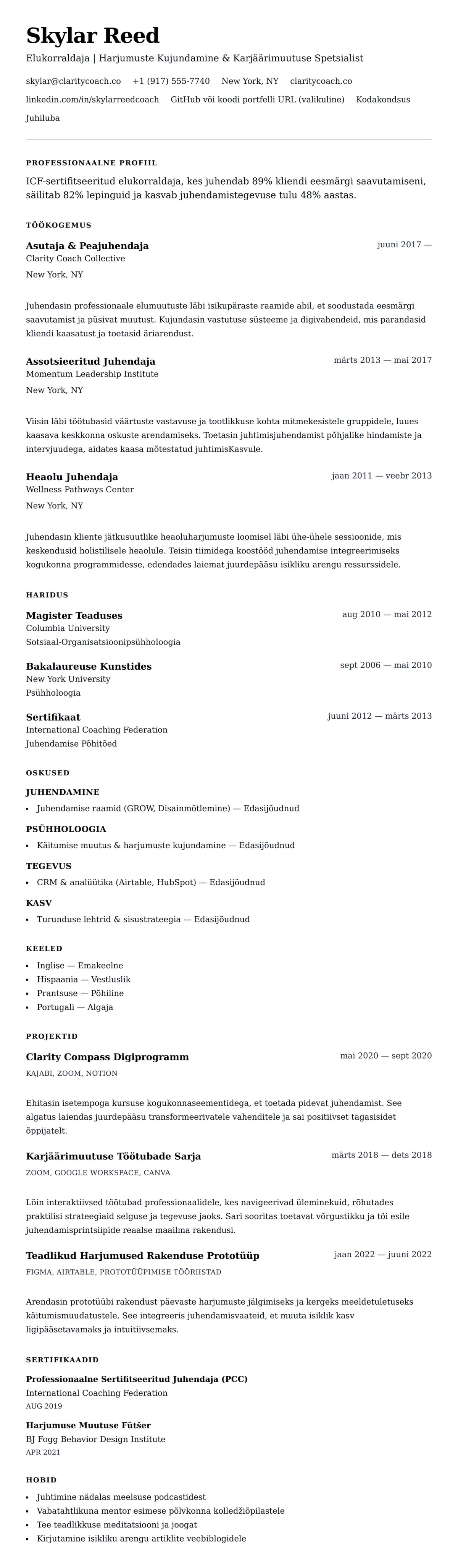 CV eelvaade Elukorraldaja CV Näidis jaoks