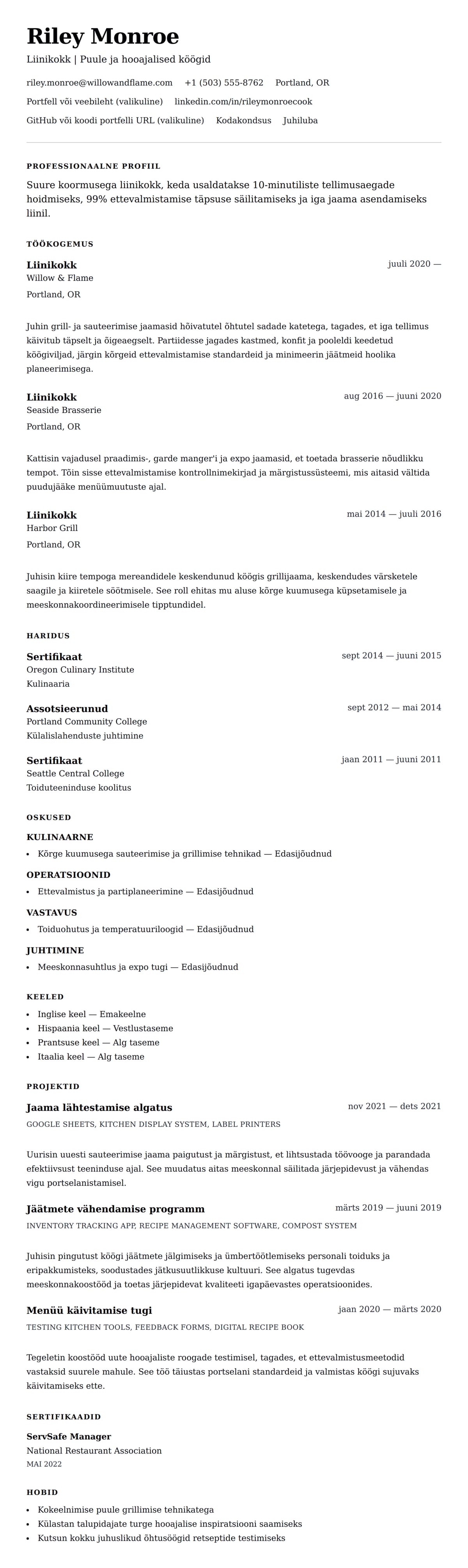 CV eelvaade Liinikoka CV näide jaoks