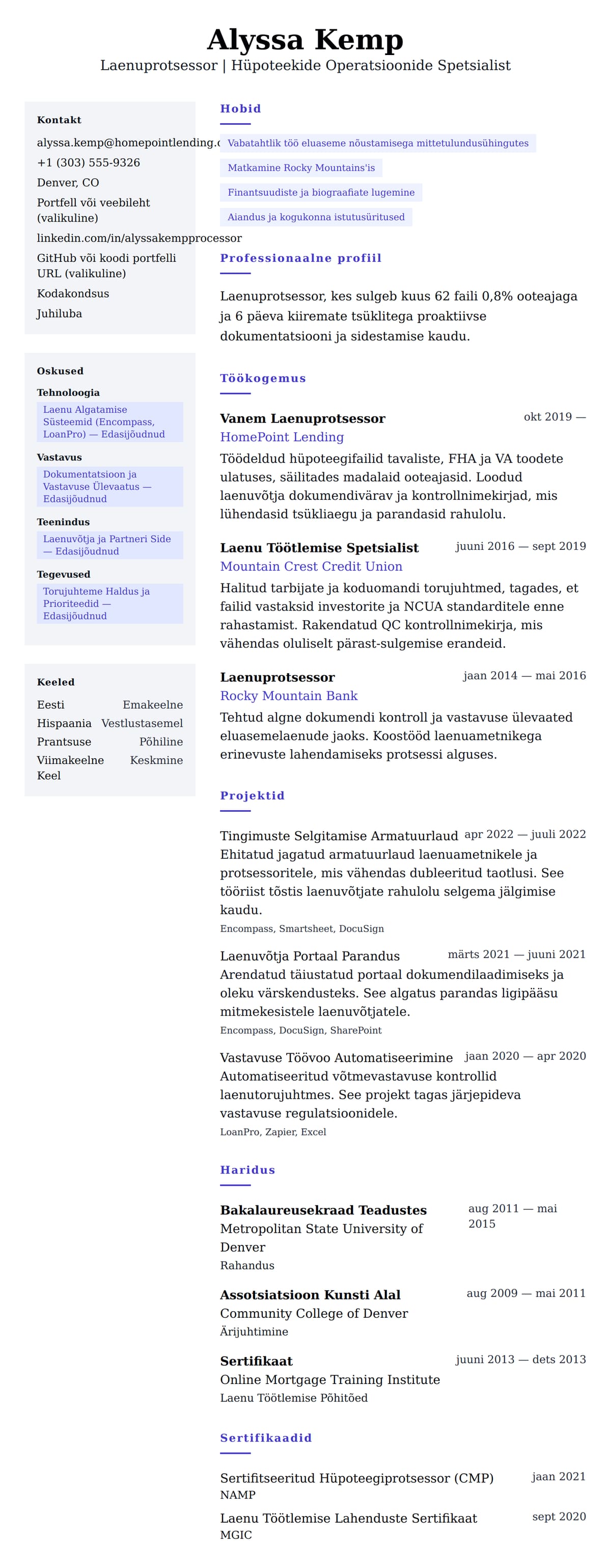 CV eelvaade Laenuprotsessori CV Näidis jaoks