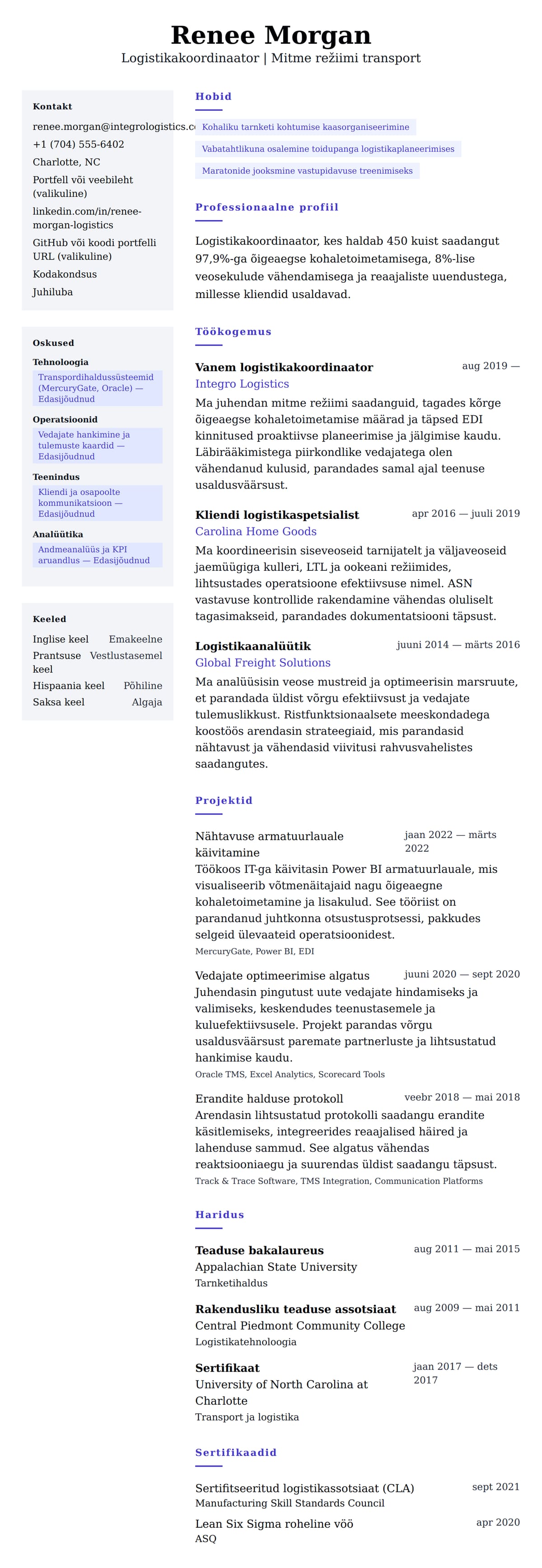 CV eelvaade Logistikakoordinaatori CV näide jaoks