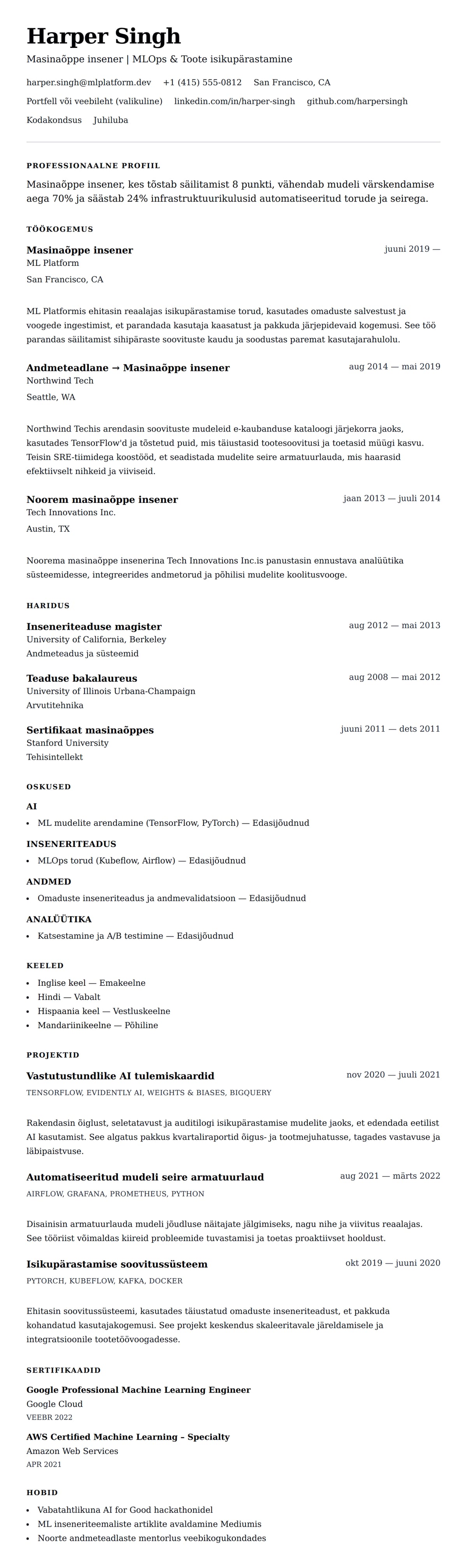 CV eelvaade Masinaõppe inseneri CV näidis jaoks
