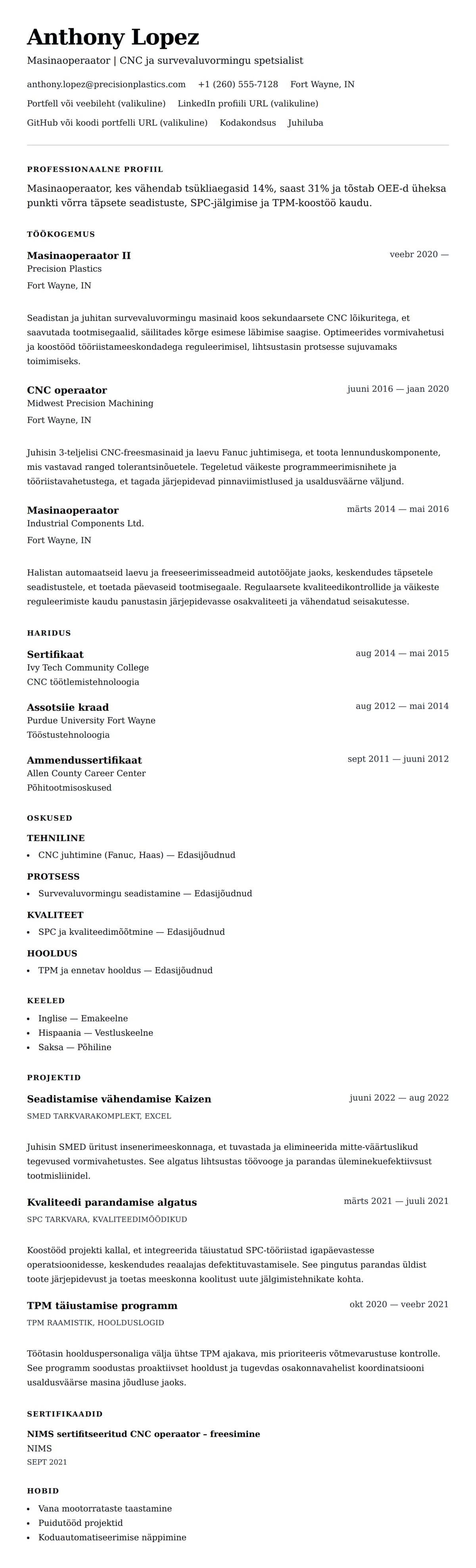 CV eelvaade Masinaoperaatori CV näide jaoks