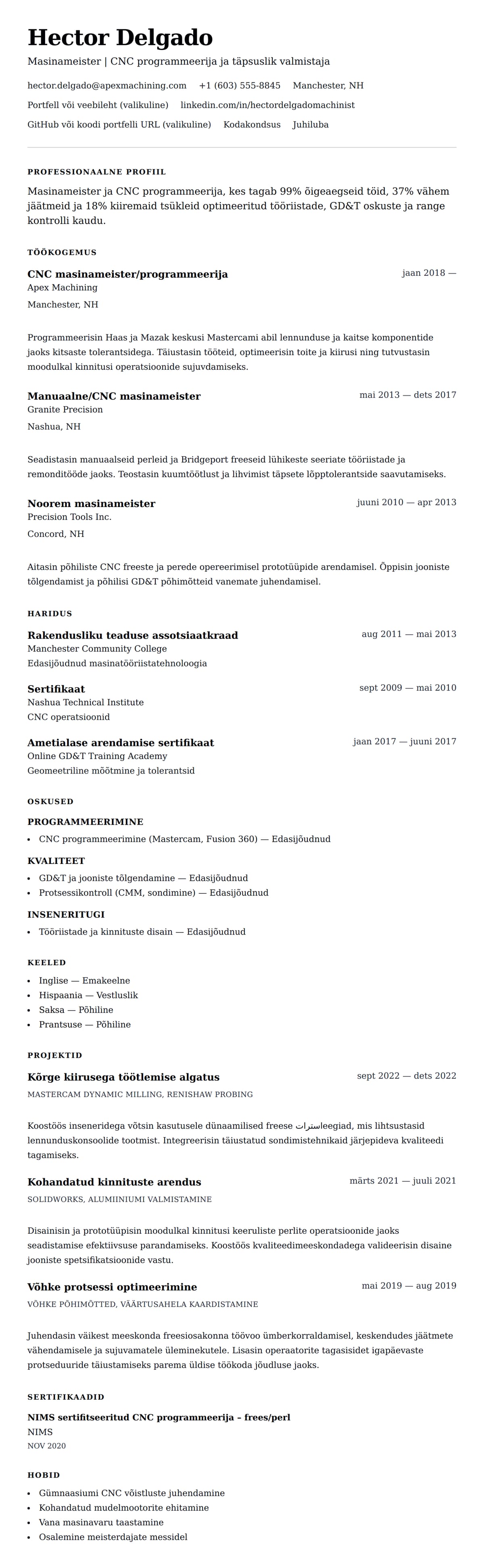 CV eelvaade Masinameistri CV näide jaoks