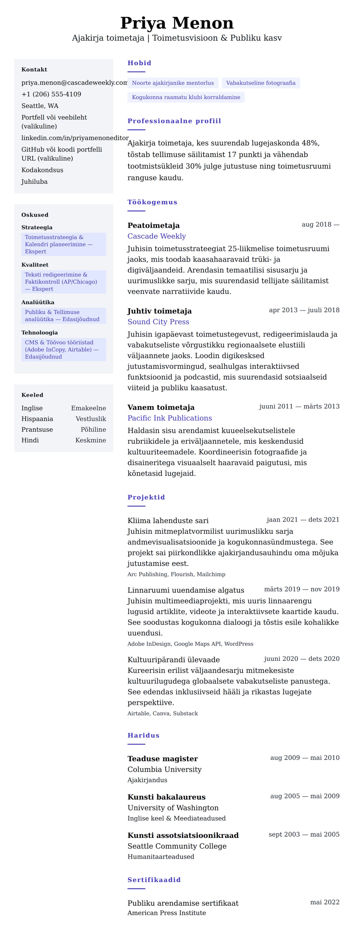 CV eelvaade Ajakirja toimetaja CV näide jaoks