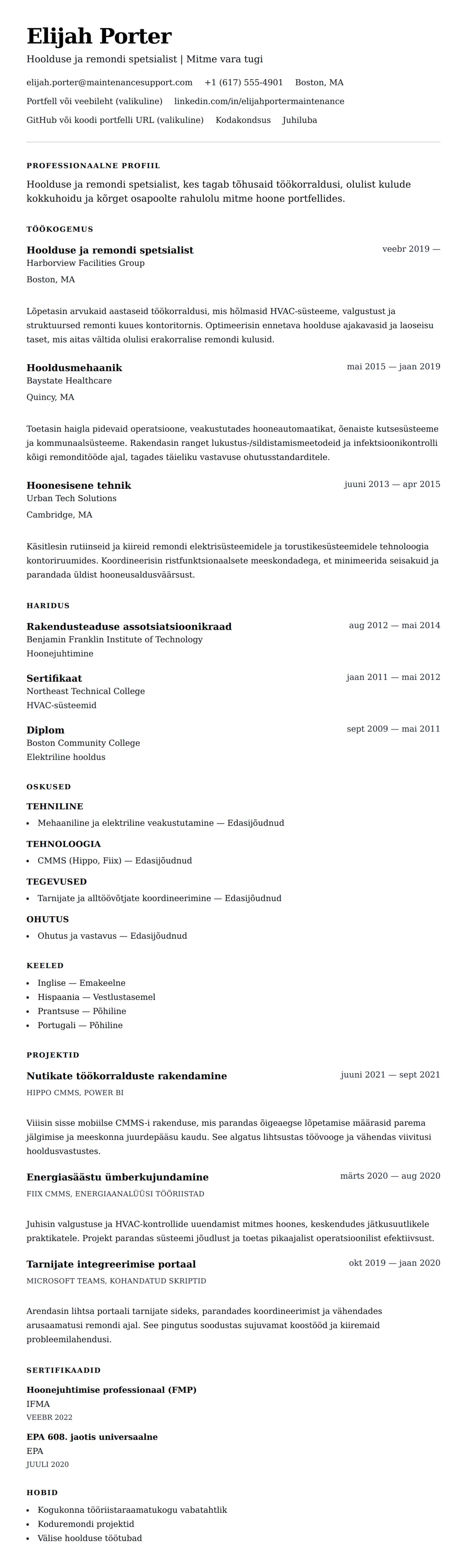 CV eelvaade Hoolduse ja remondi CV näide jaoks