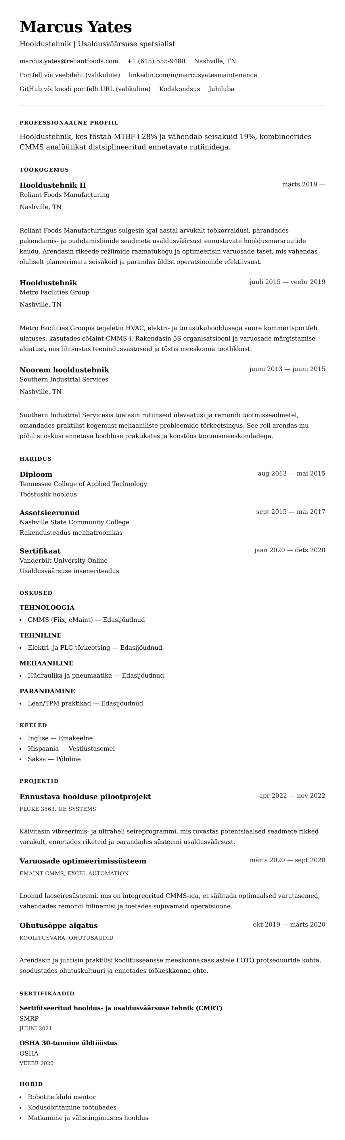 CV eelvaade Hooldustehniku CV näidis jaoks