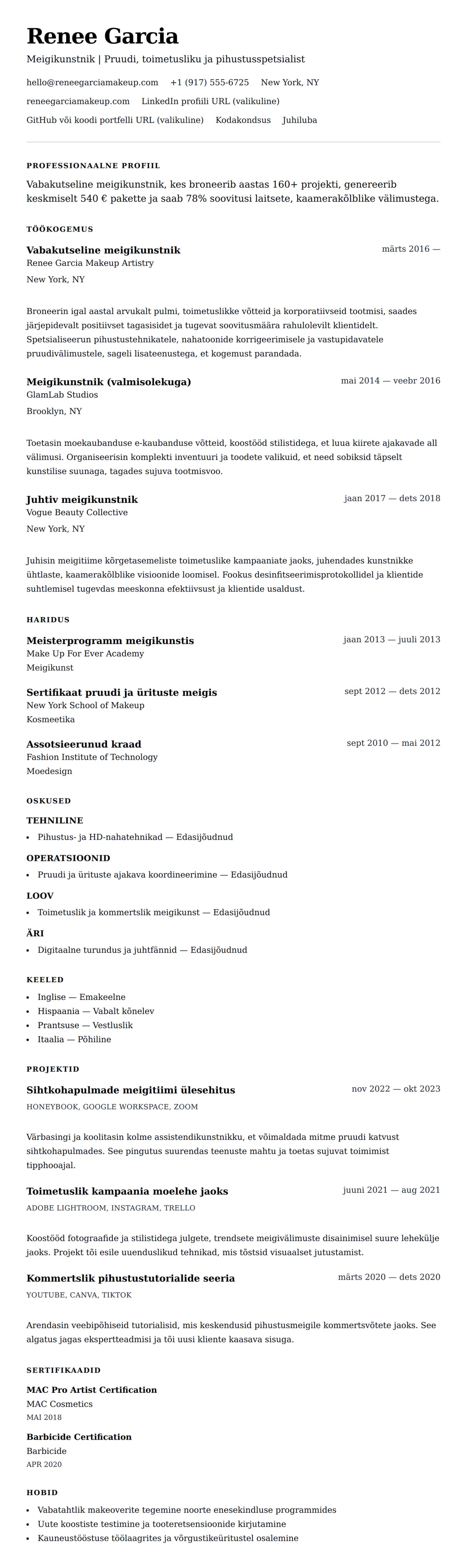 Meigikunstniku CV näidis