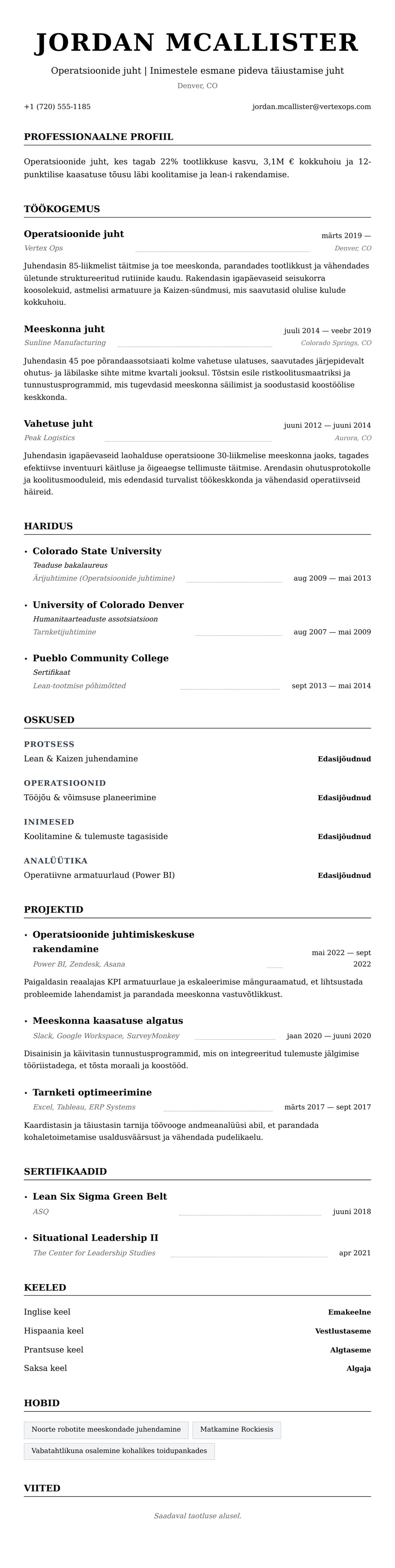 CV eelvaade Operatsioonide juhi CV näide jaoks