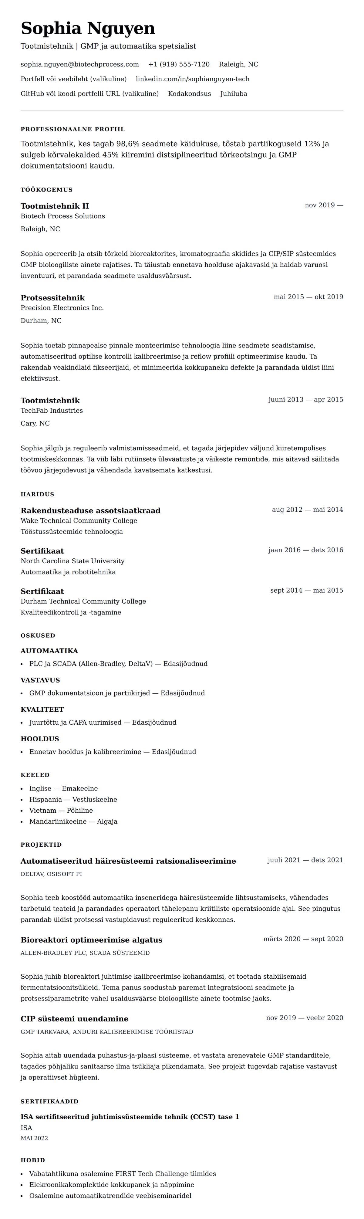 CV eelvaade Tootmistehniku CV näide jaoks