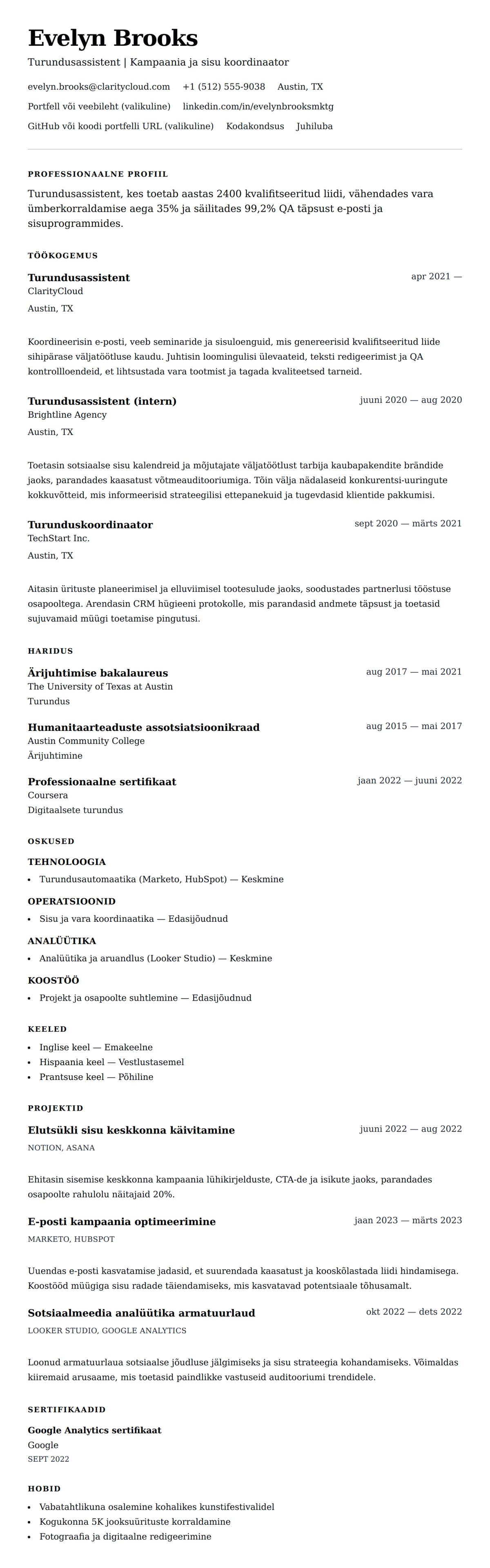 CV eelvaade Turundusassistendi CV näide jaoks