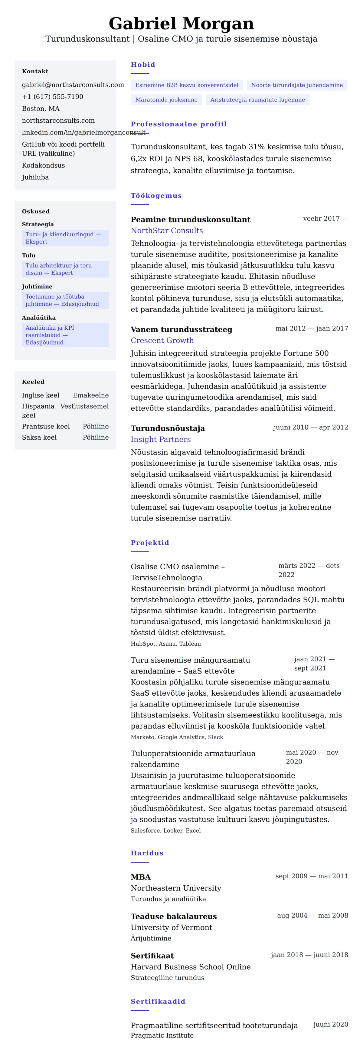 CV eelvaade Turunduskonsultandi CV näide jaoks