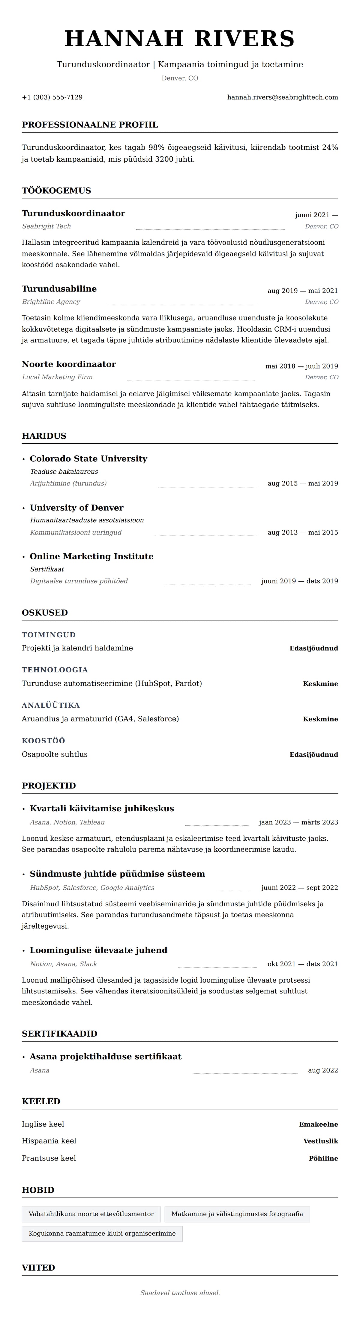 CV eelvaade Turunduskoordinaatori CV näide jaoks