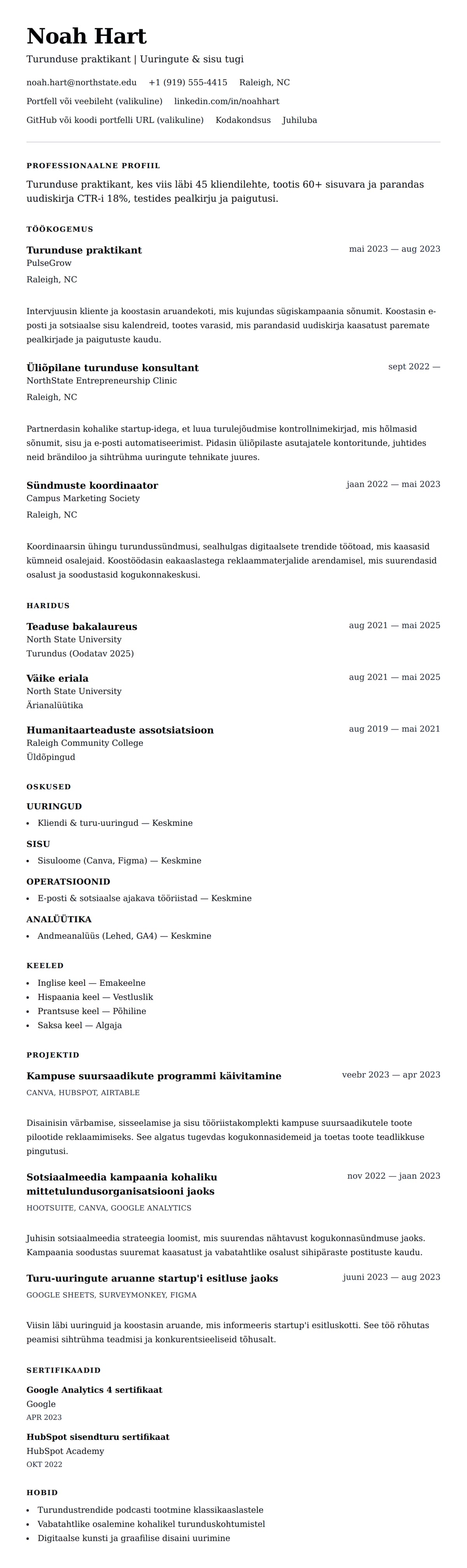 CV eelvaade Turunduse praktikandi CV näide jaoks