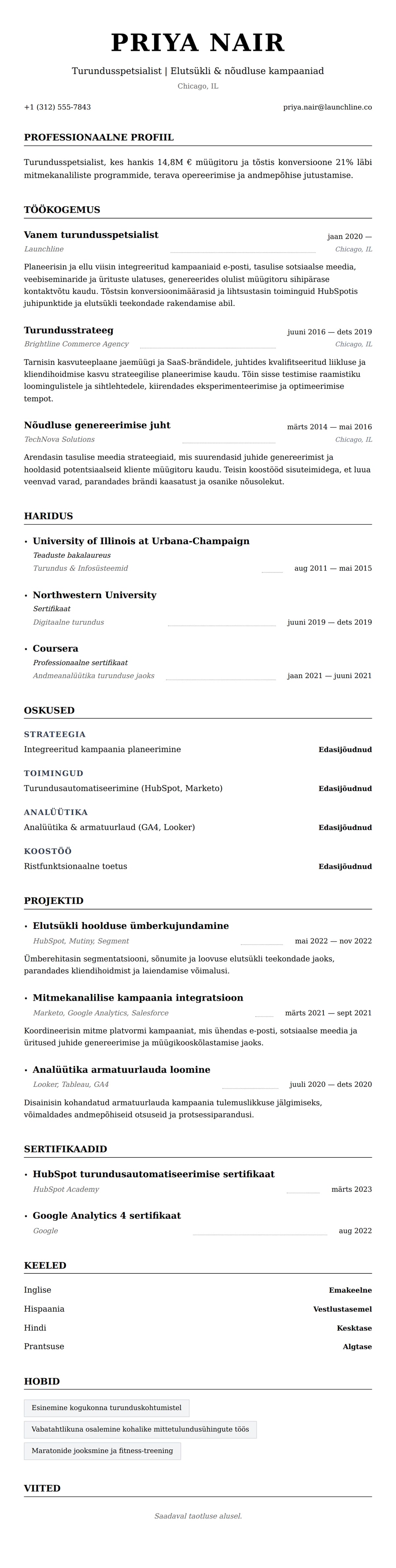 CV eelvaade Turundusspetsialisti CV näide jaoks