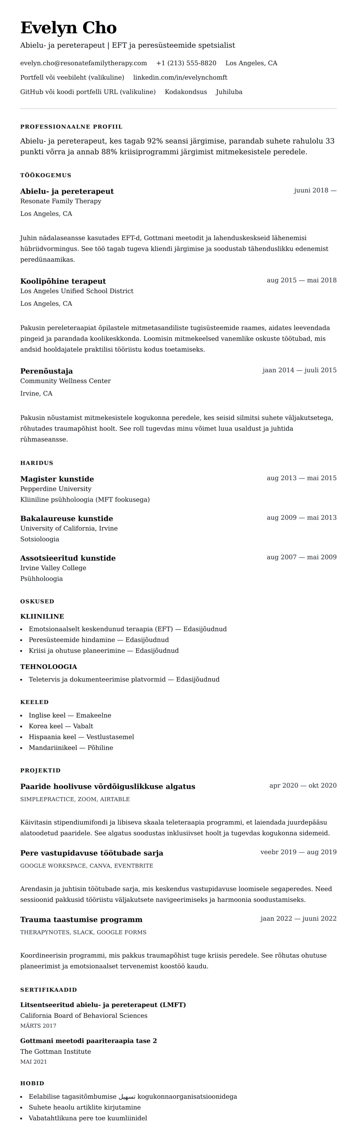 CV eelvaade Abielu- ja pereterapeudi CV näidis jaoks