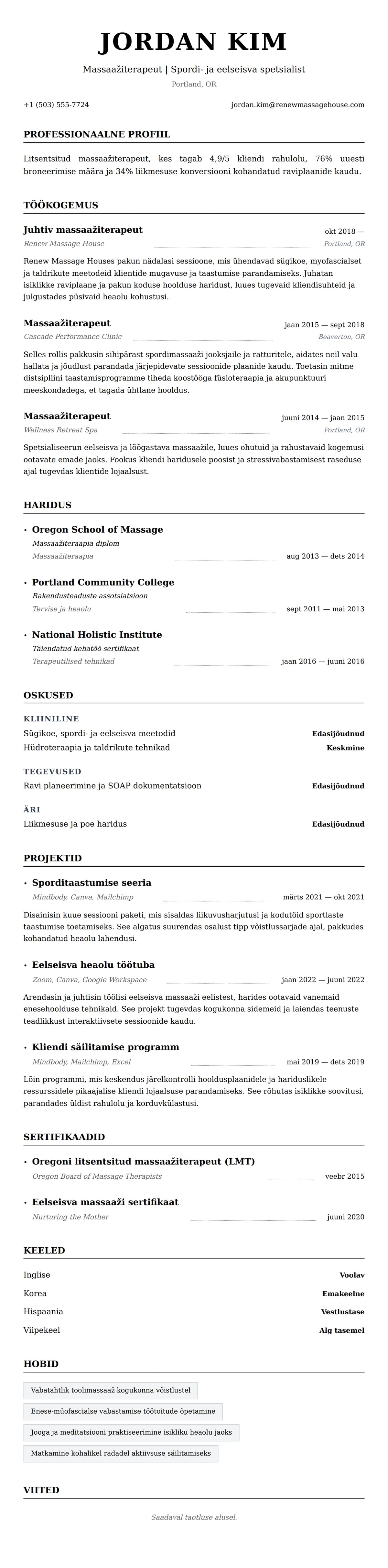 Massaažiterapeudi CV näide