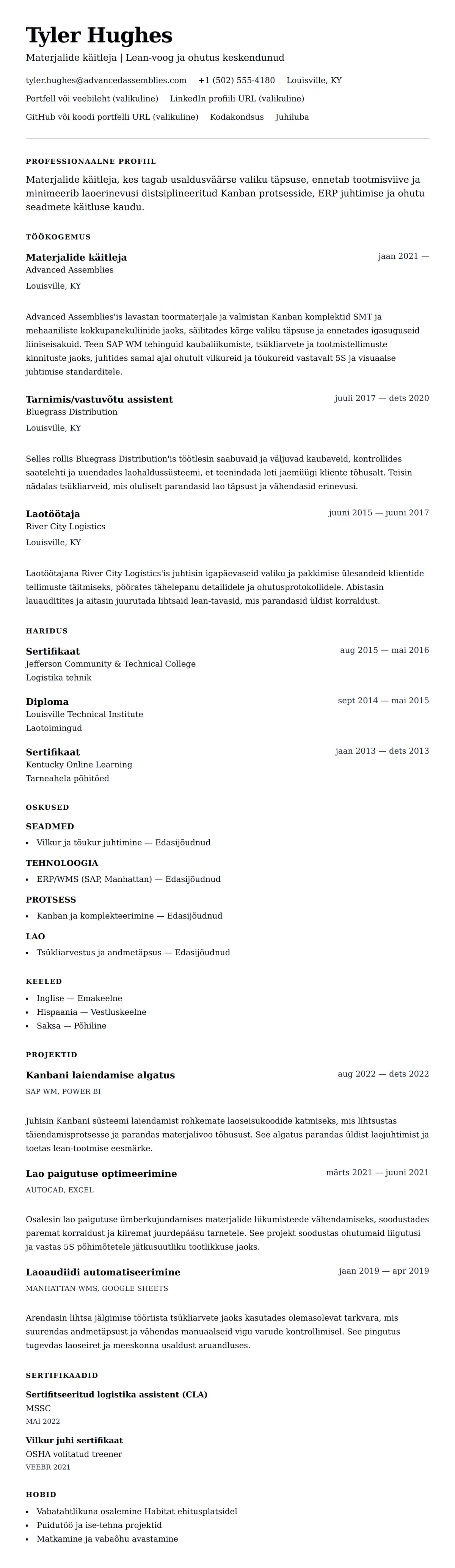CV eelvaade Materjalide käitleja CV näide jaoks
