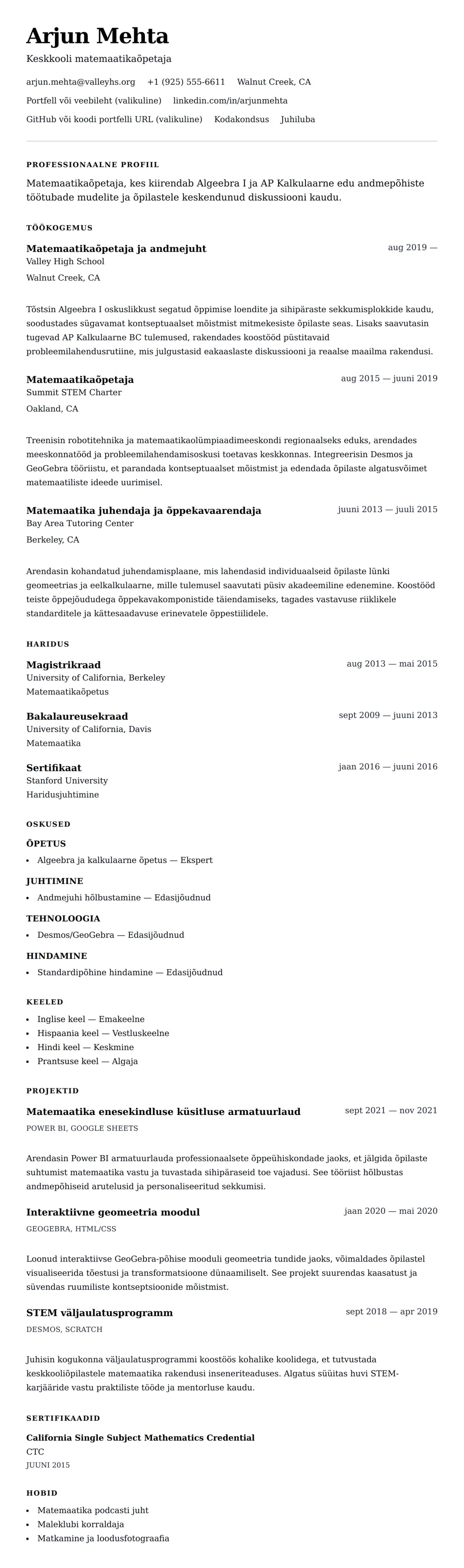 CV eelvaade Matemaatikaõpetaja CV näidis jaoks