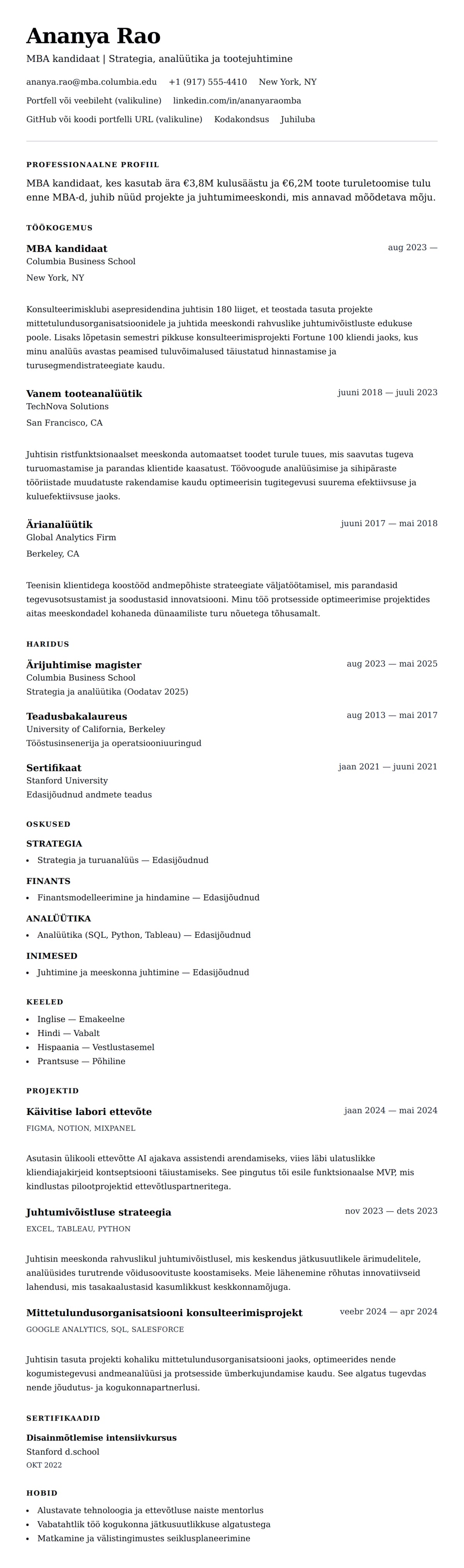 CV eelvaade MBA kandidaadi CV näide jaoks