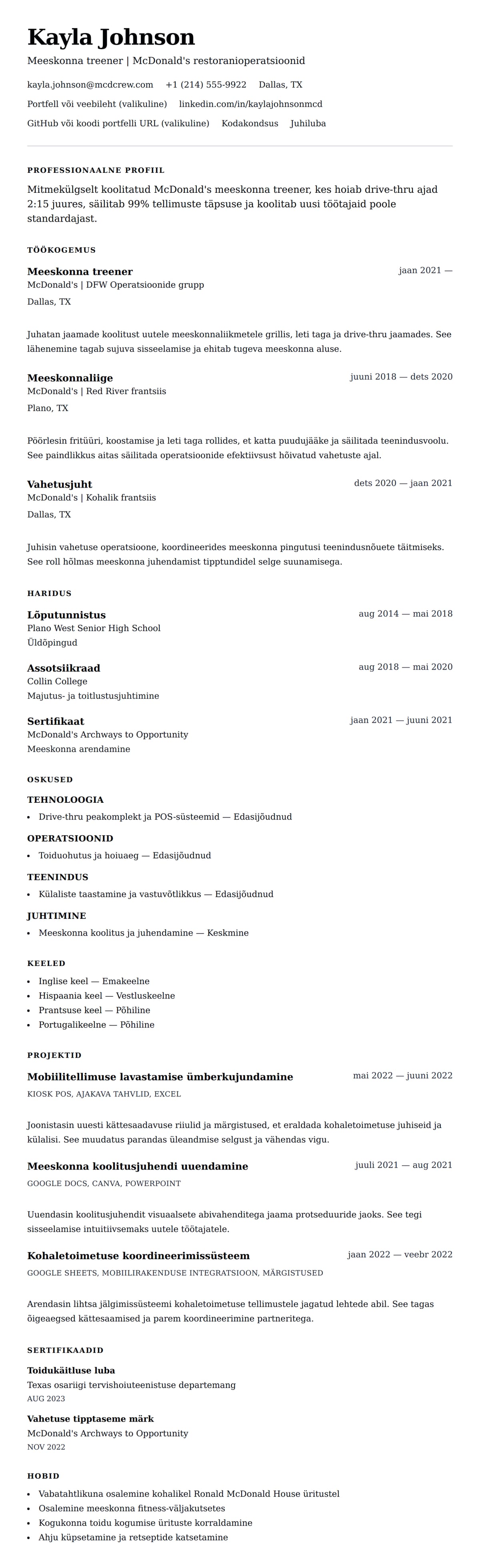 CV eelvaade McDonald's meeskonnaliikme CV näide jaoks