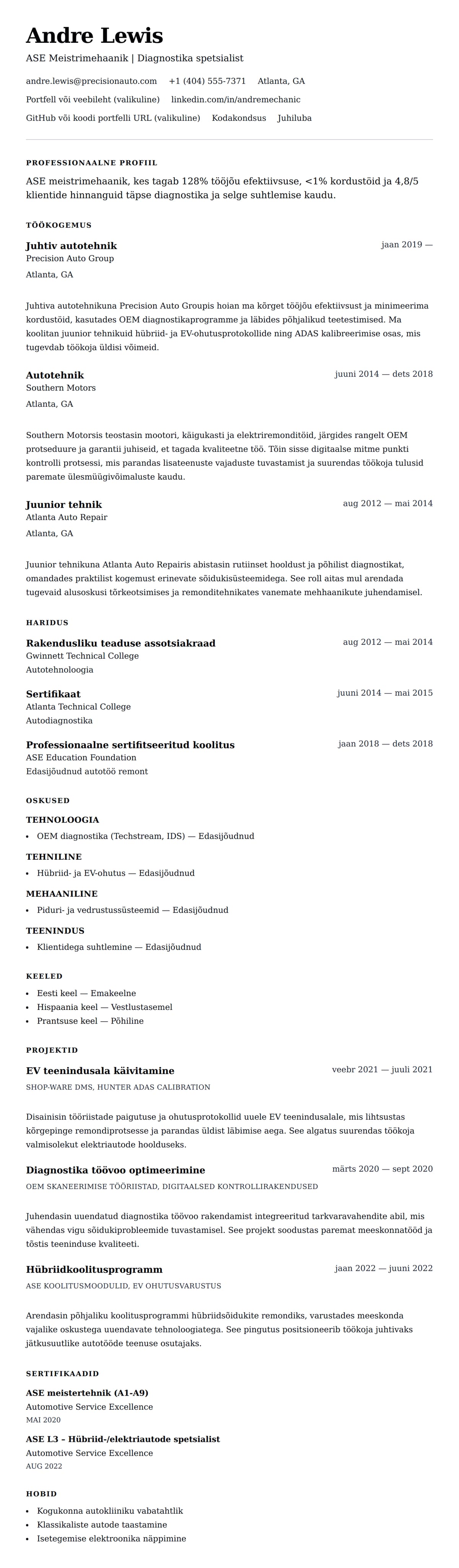 CV eelvaade Mehaaniku CV näidis jaoks