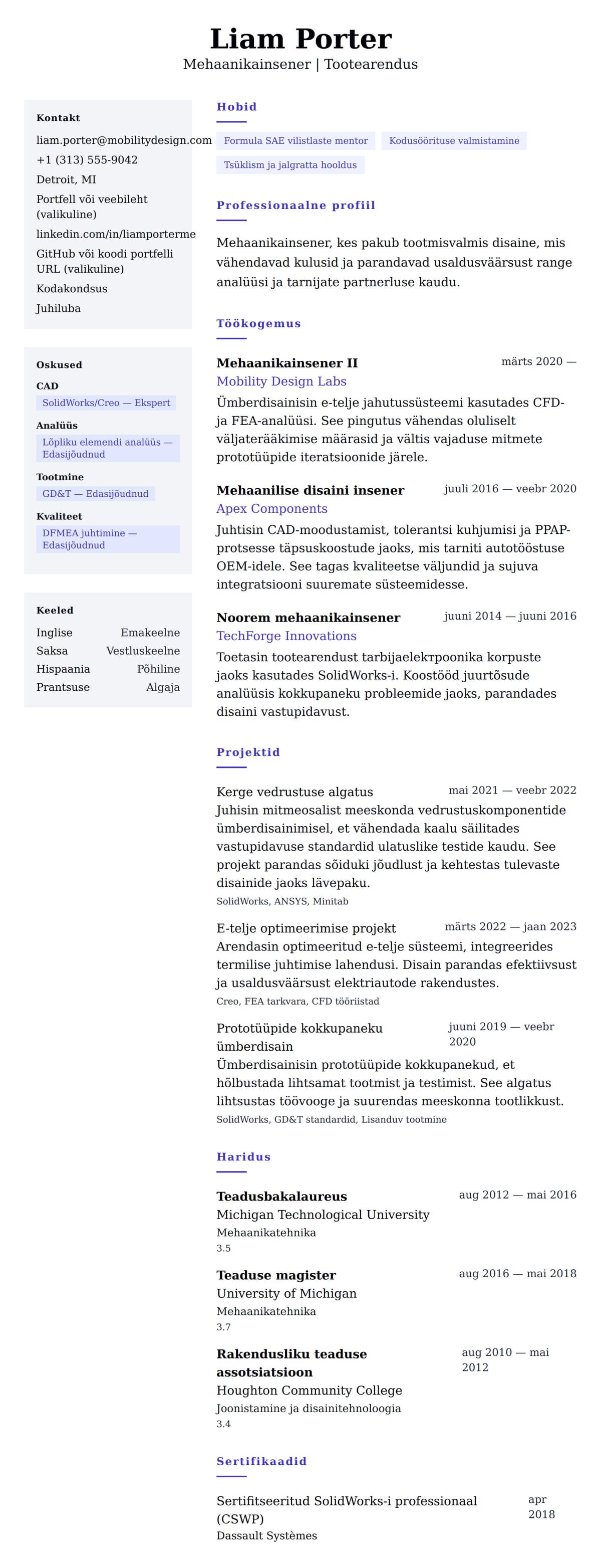 CV eelvaade Mehaanikainseneri CV näidis jaoks