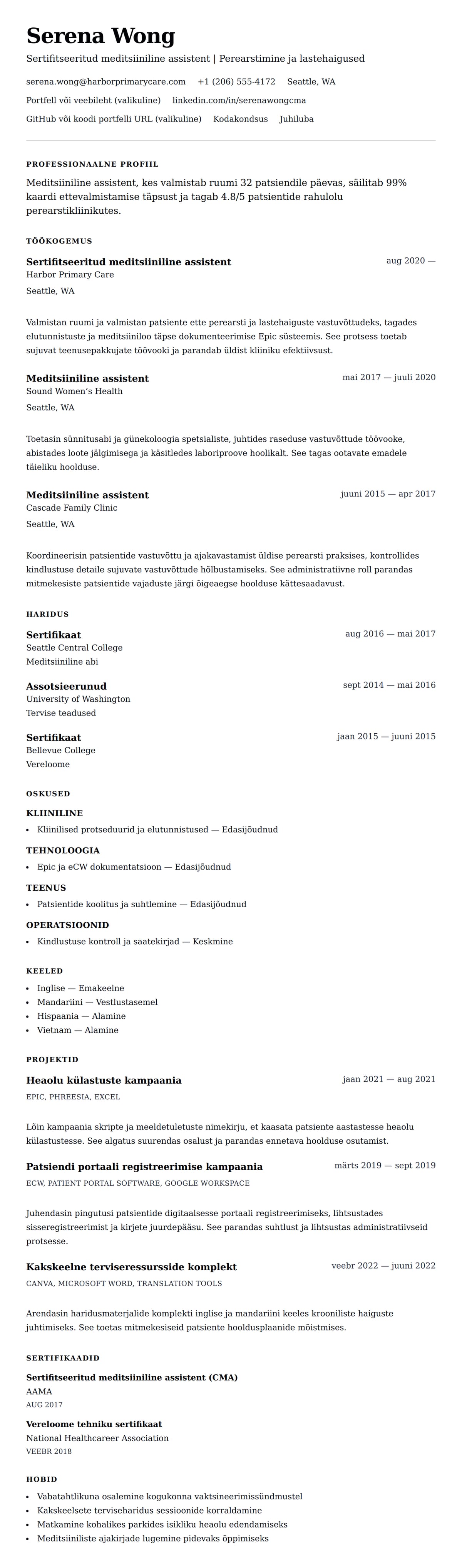 CV eelvaade Meditsiinilise assistendi CV näidis jaoks