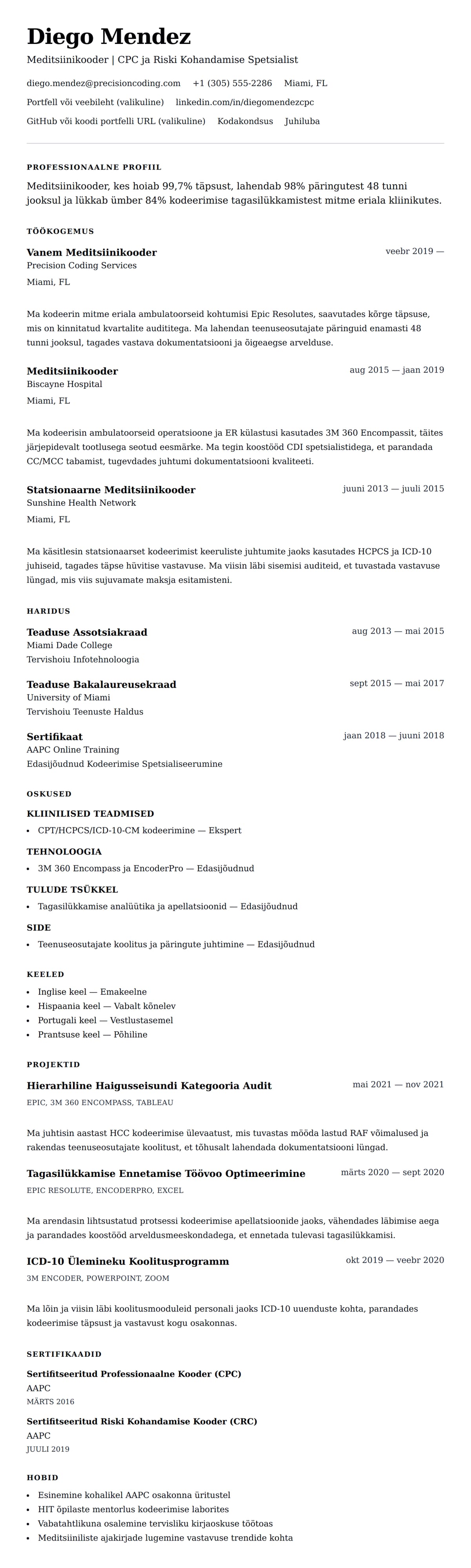 CV eelvaade Meditsiinikooderi CV Näide jaoks