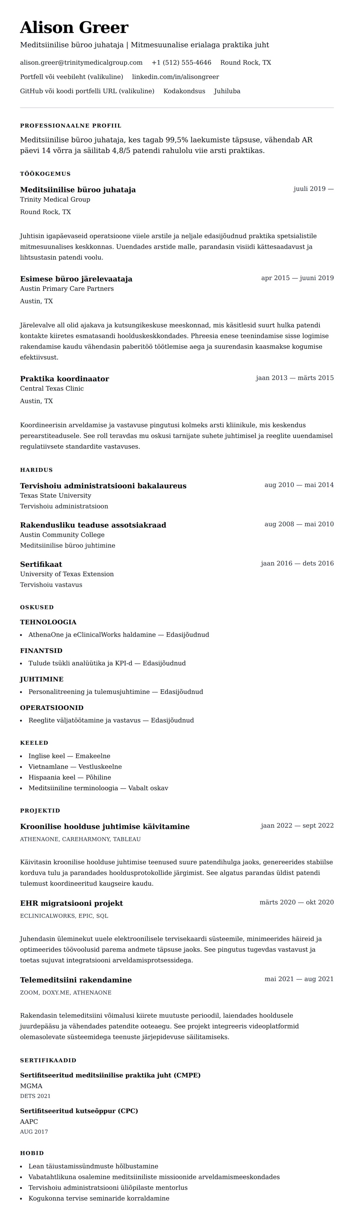 CV eelvaade Meditsiinilise büroo juhataja CV näidis jaoks