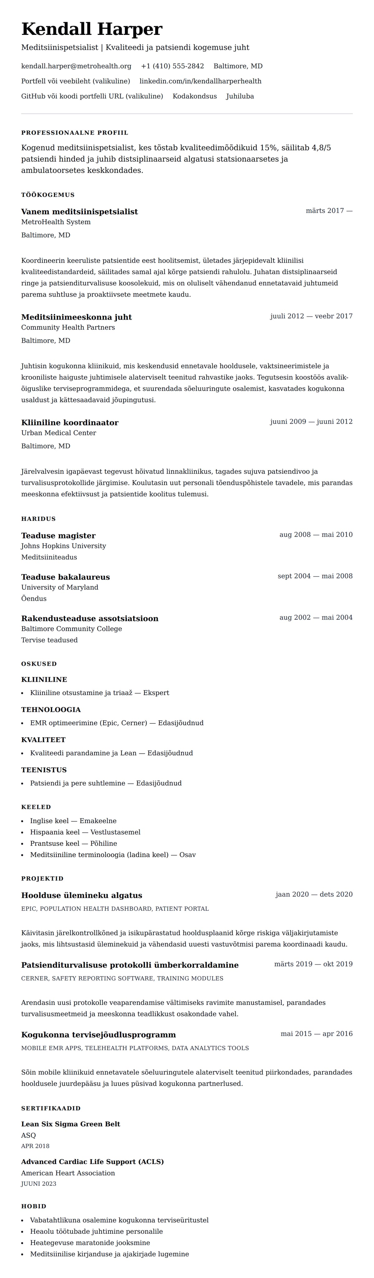 CV eelvaade Meditsiinispetsialisti CV näide jaoks