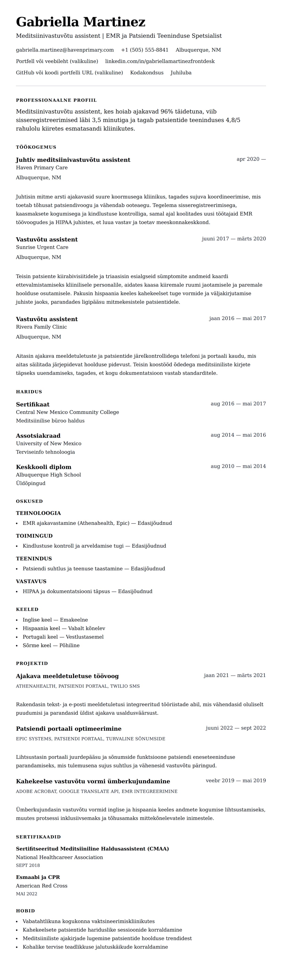 CV eelvaade Meditsiinivastuvõtu assistendi CV näidis jaoks