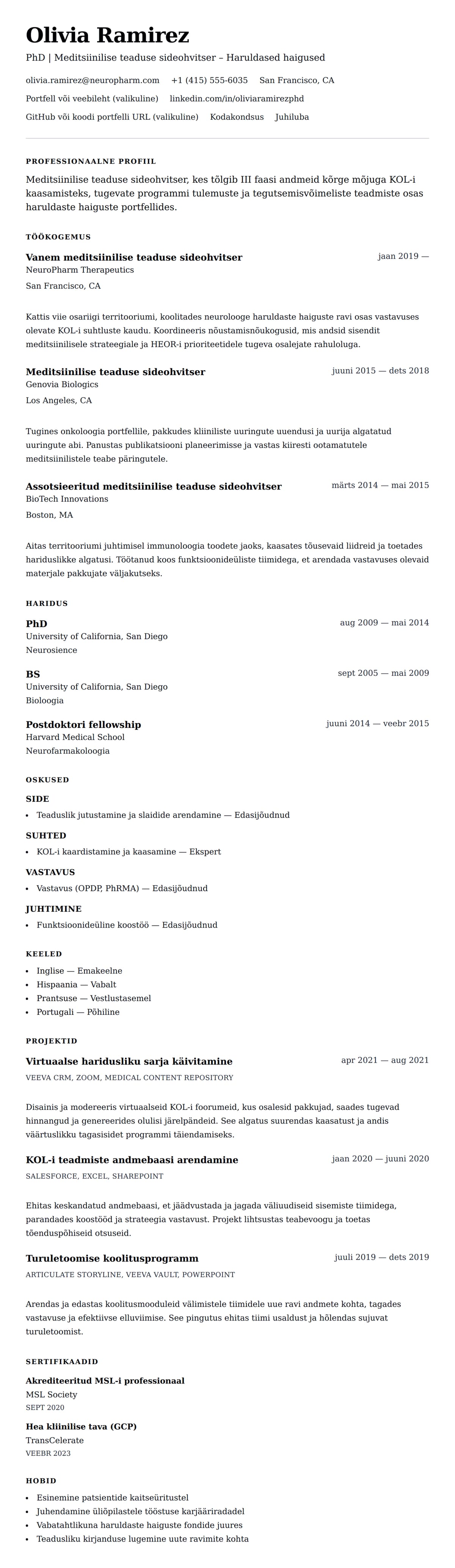 CV eelvaade Näidis CV meditsiinilise teaduse sideohvitserile jaoks