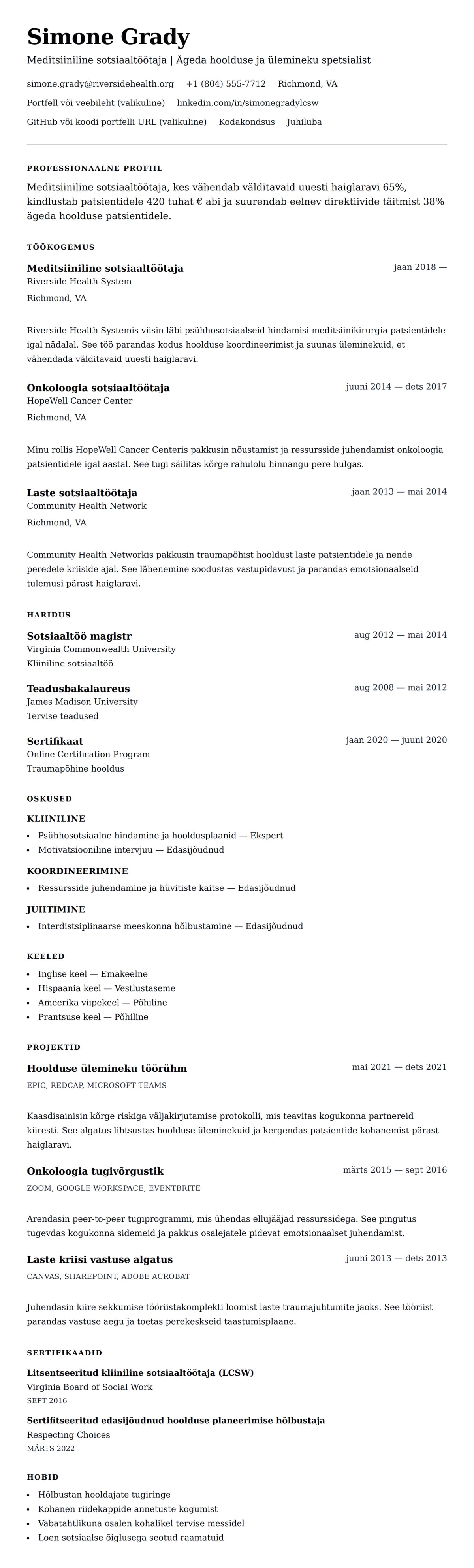 CV eelvaade Meditsiinilise sotsiaaltöötaja CV näidis jaoks