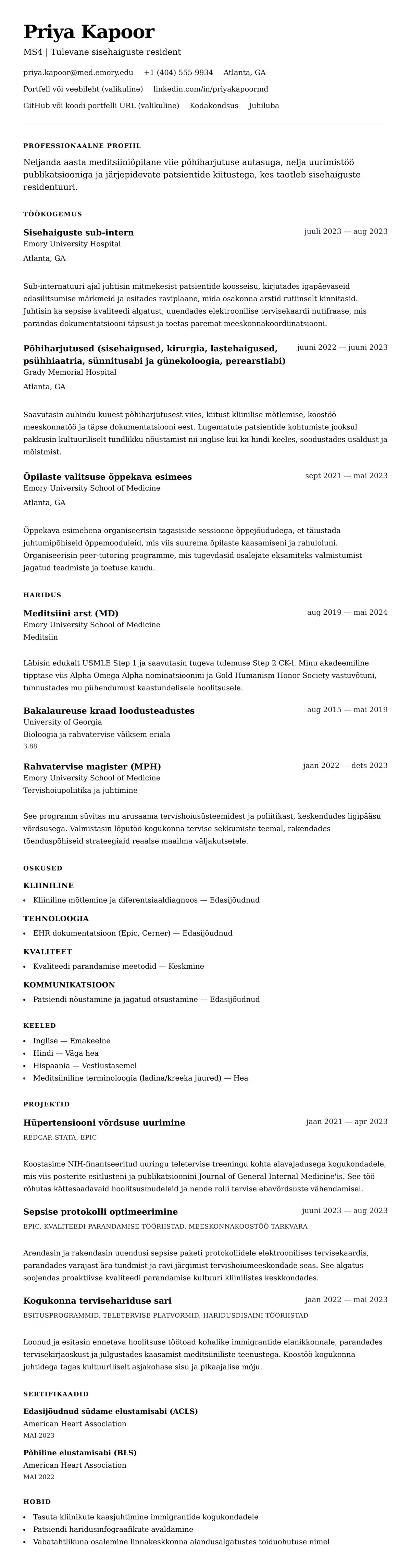 CV eelvaade Meditsiiniõpilase CV näide jaoks