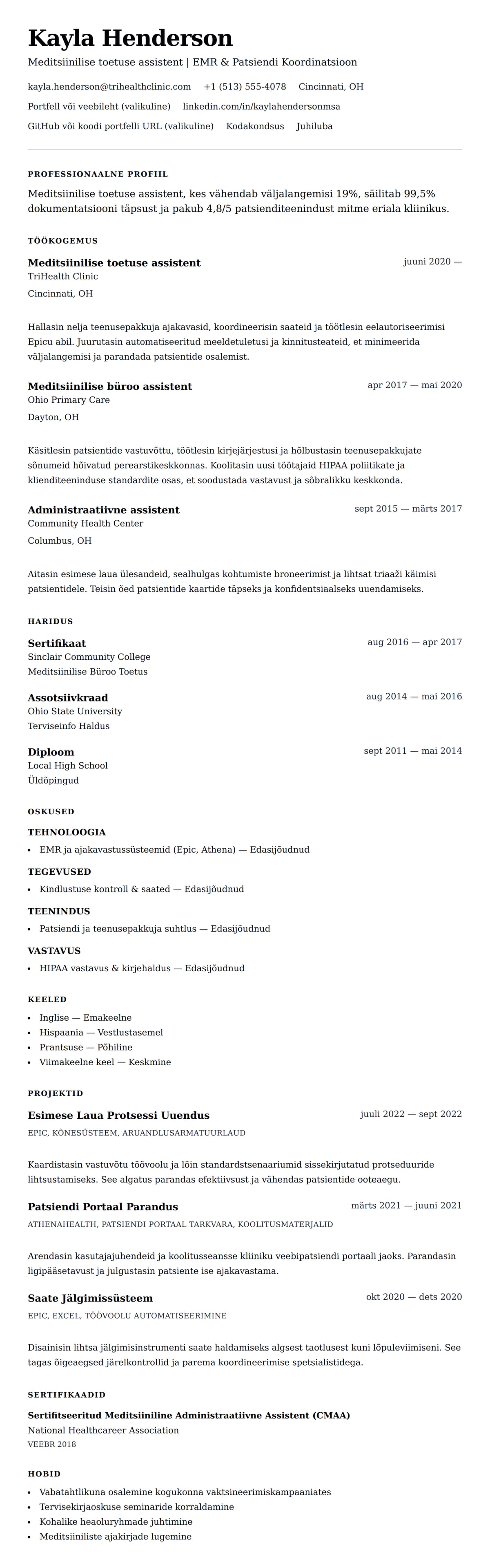 CV eelvaade Näidis CV meditsiinilise toetuse assistendile jaoks