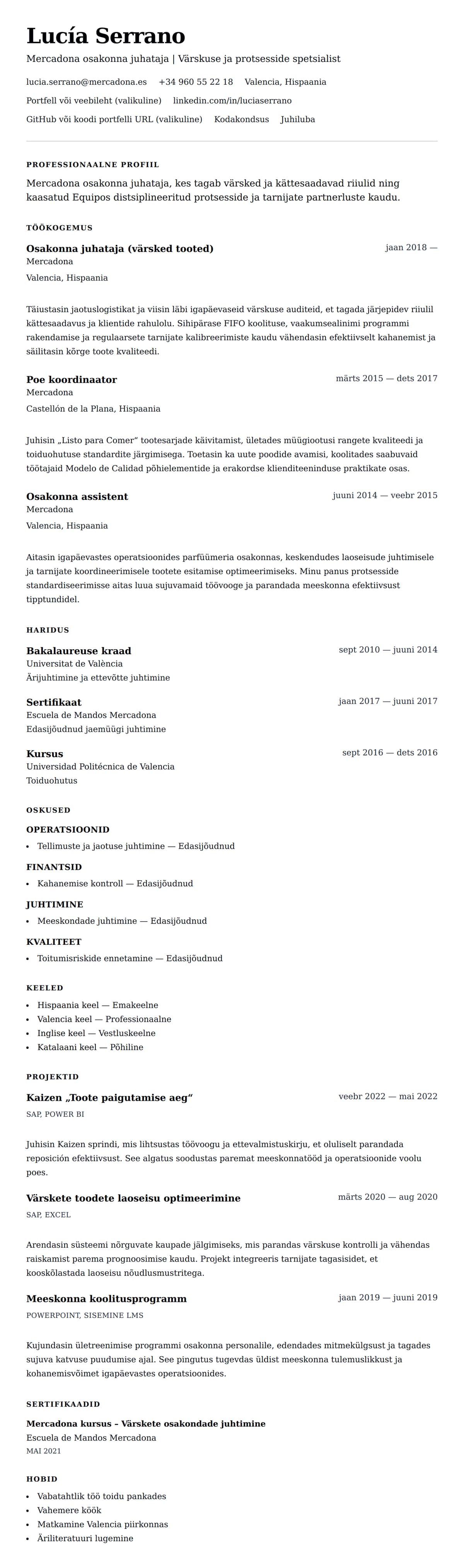 CV eelvaade Mercadona osakonna juhataja CV näide jaoks