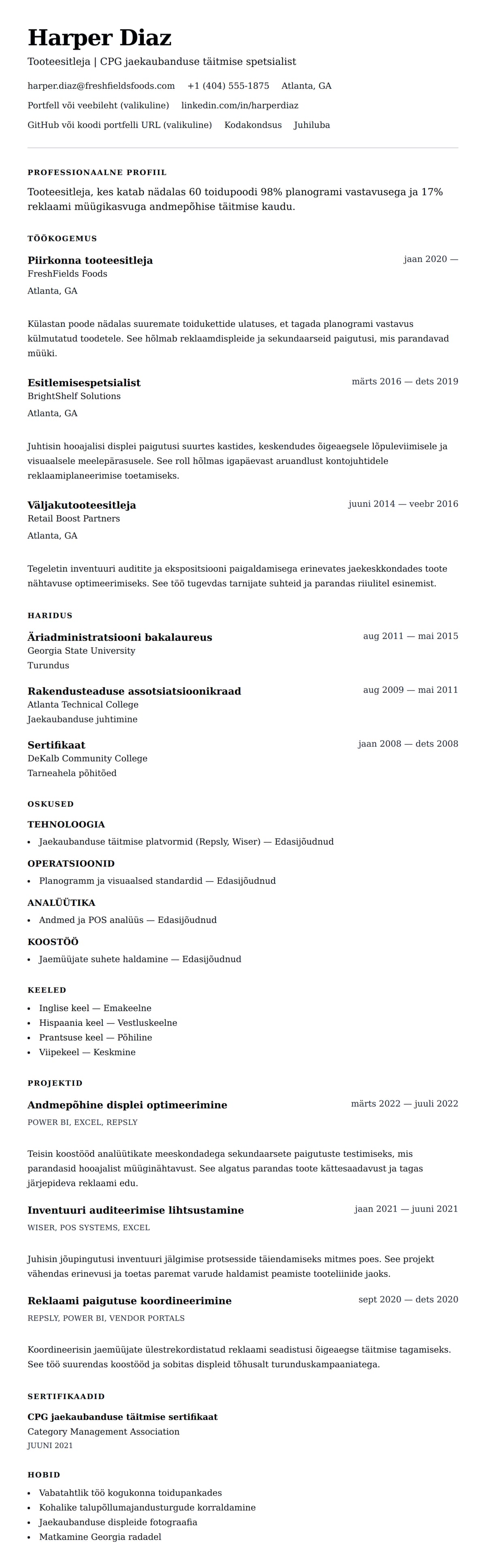 CV eelvaade Tooteesitleja CV näidis jaoks