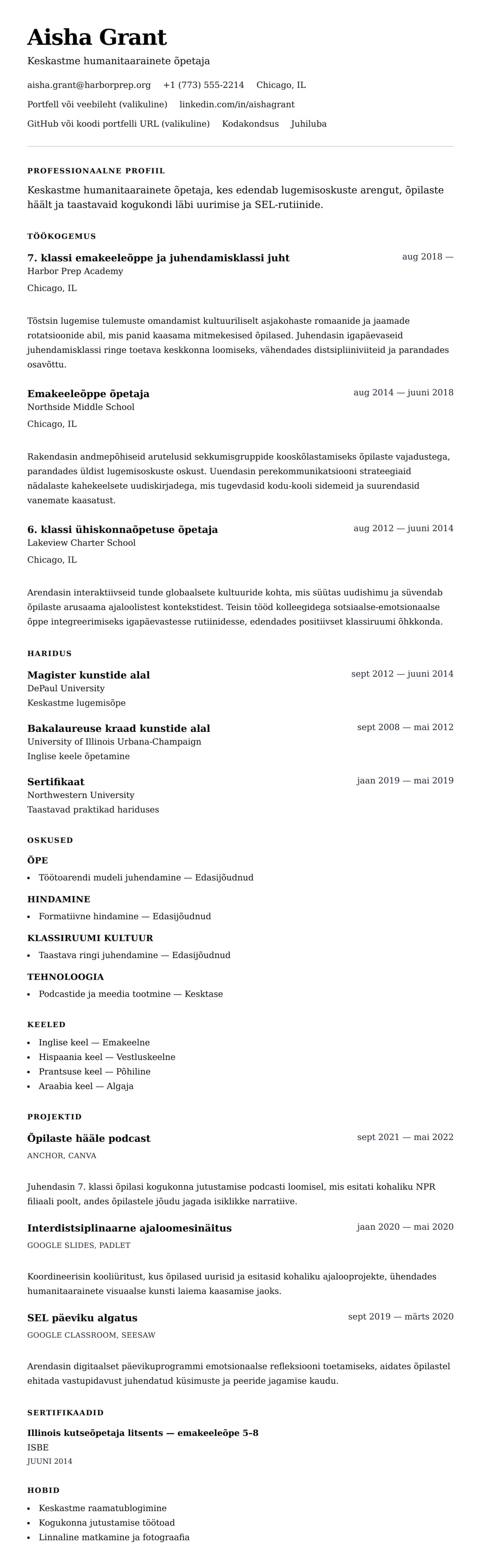 CV eelvaade Keskastme õpetaja CV näidis jaoks