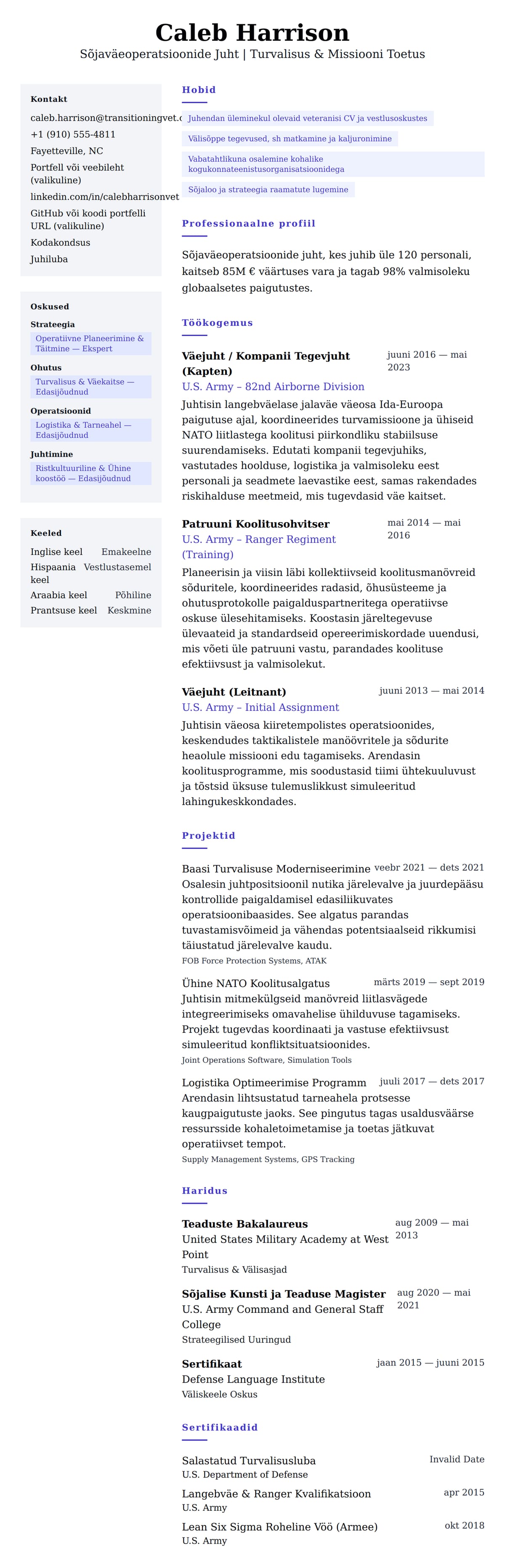 CV eelvaade Sõjaväeteenistuja CV Näidis jaoks