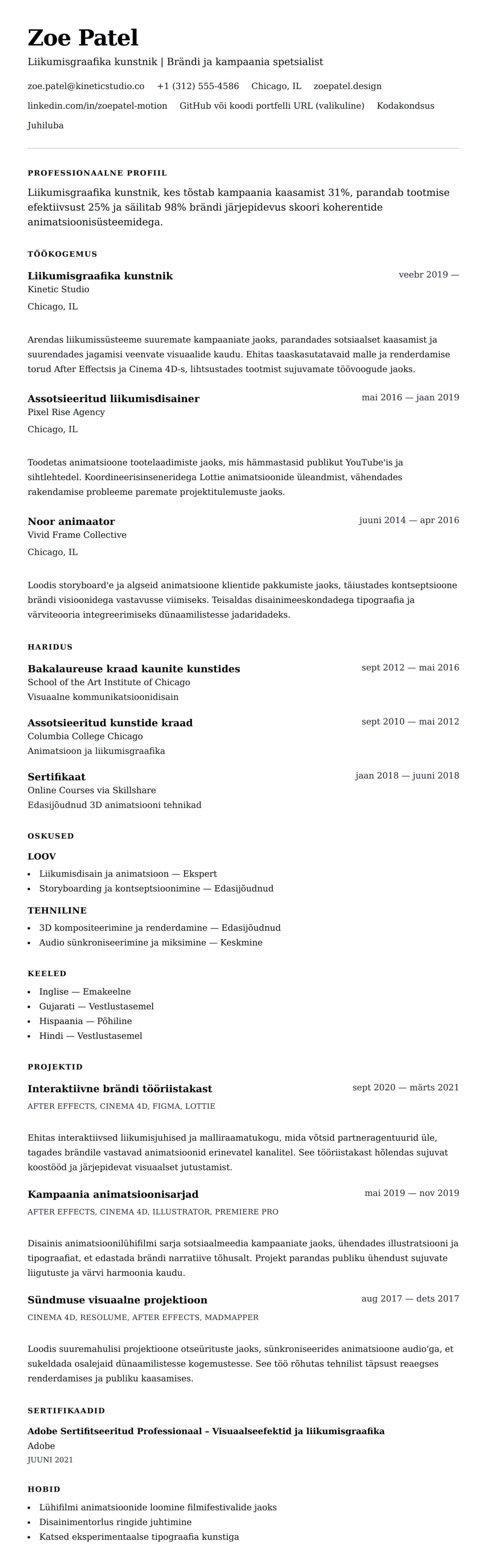 CV eelvaade Näidis liikumisgraafika kunstniku CV jaoks