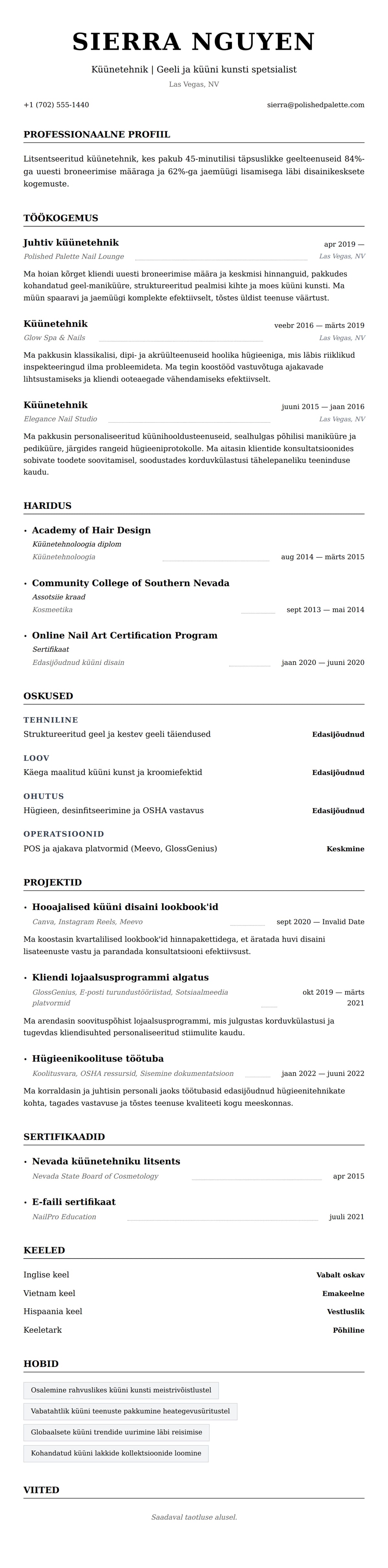 CV eelvaade Küünetehniku CV näide jaoks