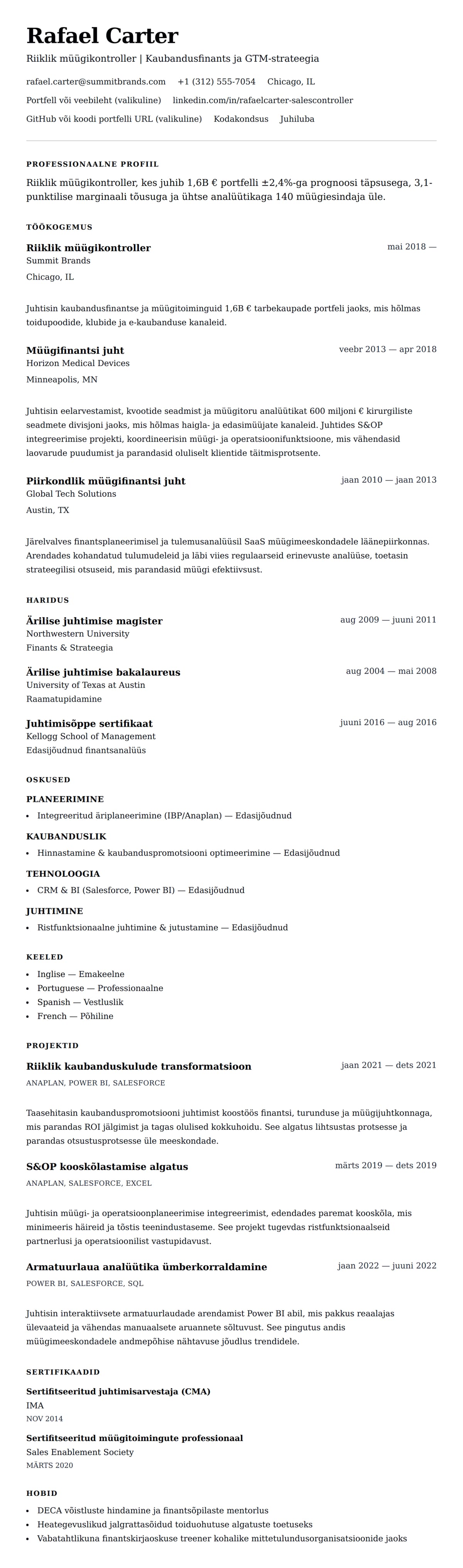 CV eelvaade Näide riikliku müügikontrolleri CV-st jaoks