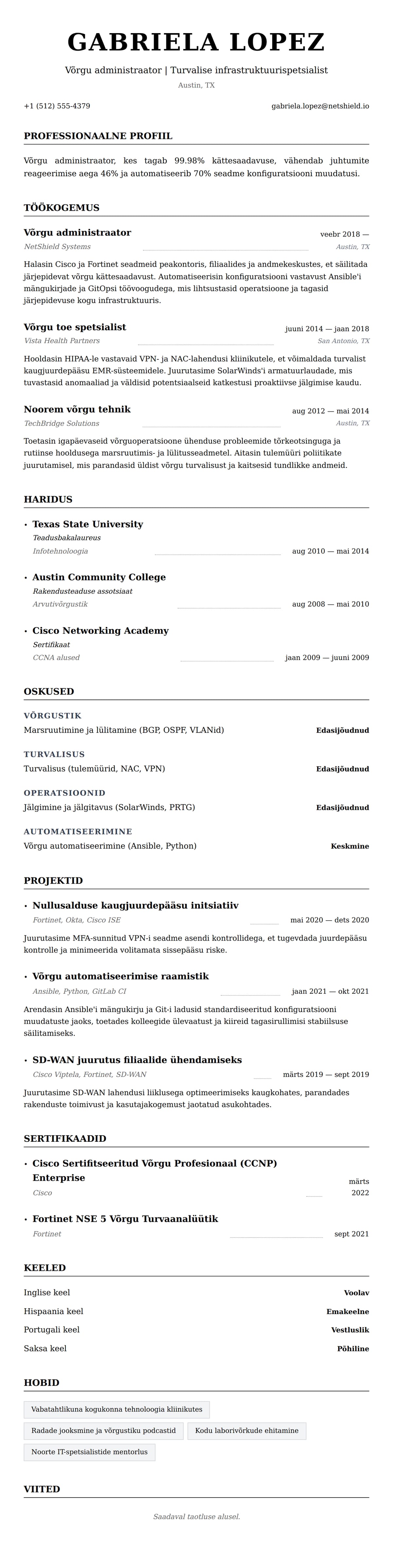 CV eelvaade Võrgu administraatori CV näide jaoks