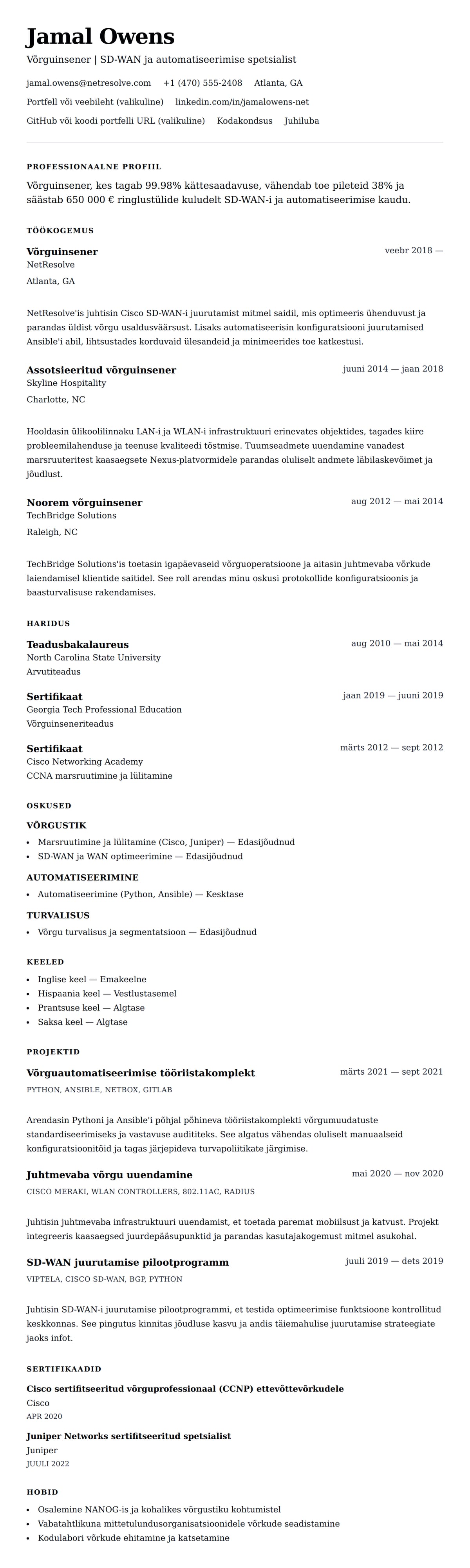 CV eelvaade Võrguinseneri CV näidis jaoks