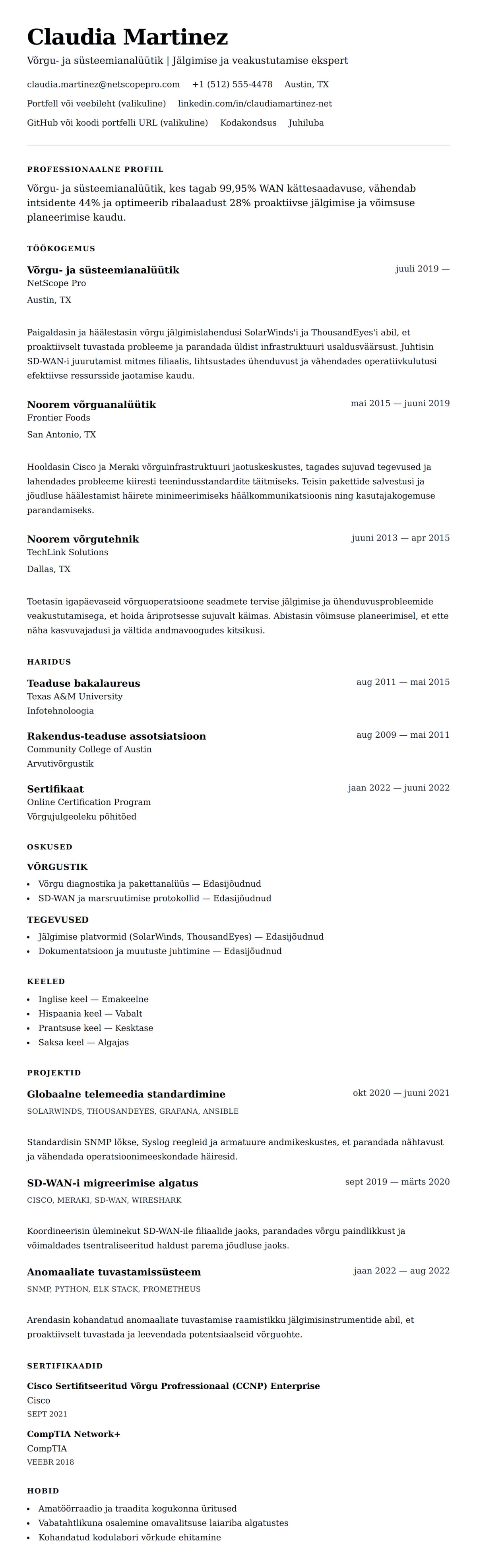 CV eelvaade Võrgu- ja süsteemianalüütiku CV näidis jaoks