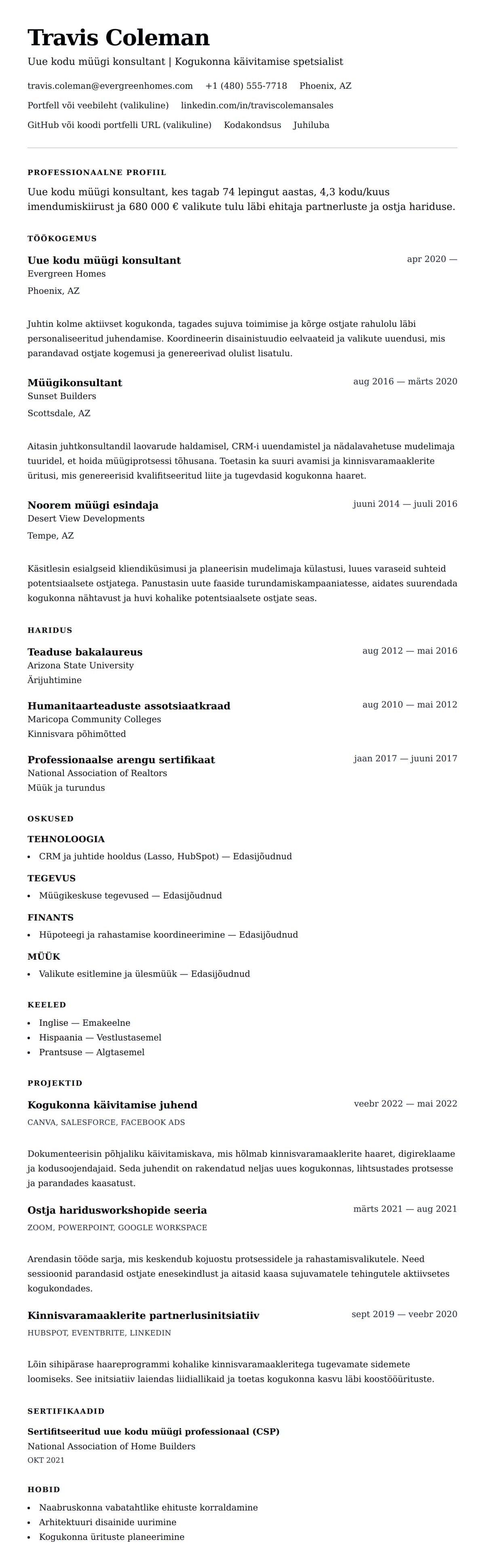 CV eelvaade Uue kodu müügi konsultandi CV näidis jaoks