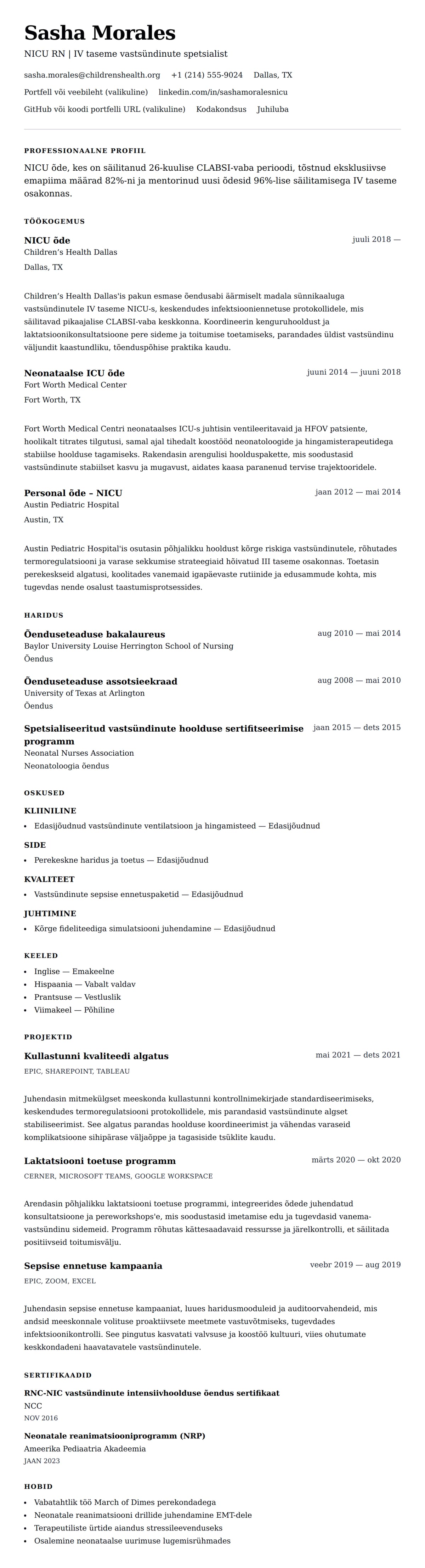 CV eelvaade NICU õe CV näide jaoks